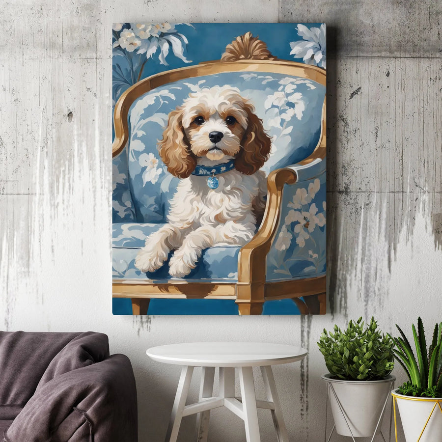 Cockapoo Dog Wall Art | Vintage Blue Floral Portrait | Gallery Wrap Premium Canvas | Gift for Doodle Dog Lovers