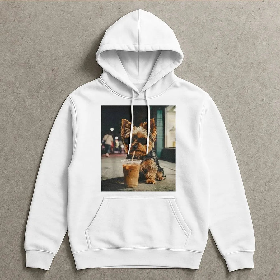 Yorkie Iced Coffee Hoodie | Cool Dog Wearing Sunglasses Graphic | Premium Cotton Tee | Funny Gift for Dog Lover