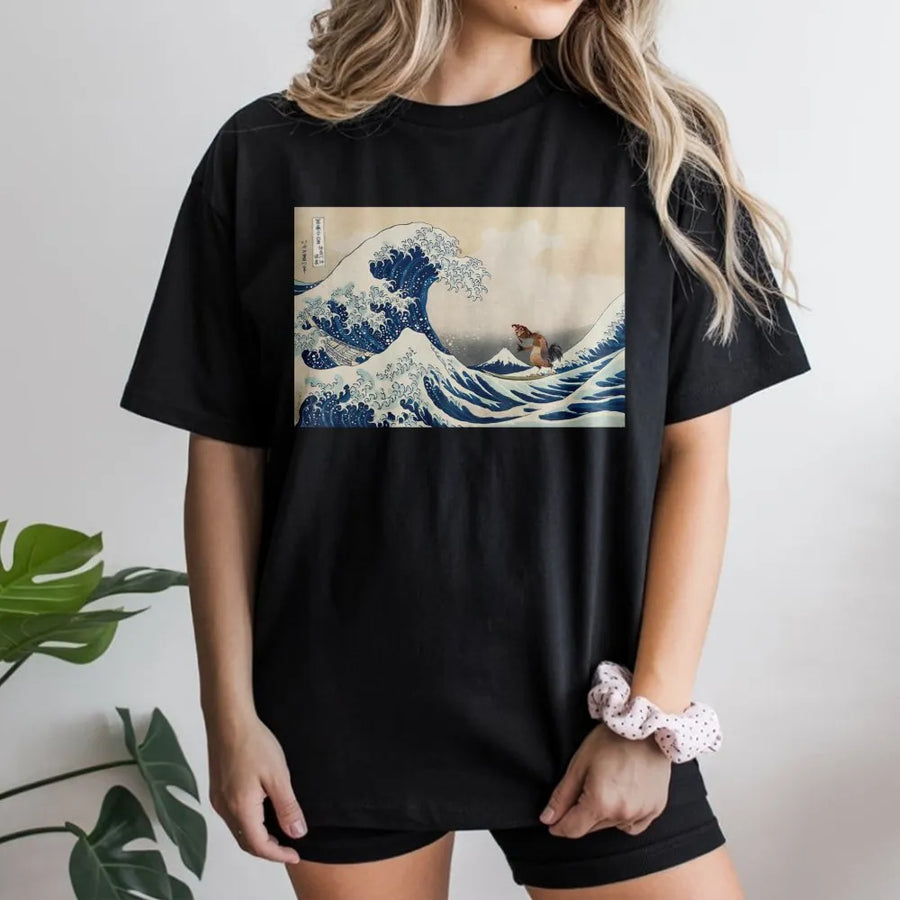 Japanese Great Wave Art T-Shirt | Funny Surfing Chicken Illustration | 100% Cotton Premium Tee | Unique Graphic Gift for Surfers