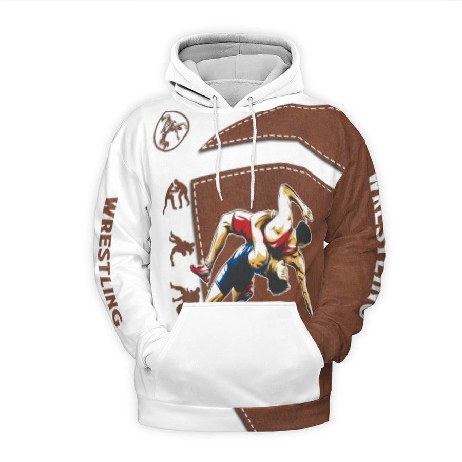 Wrestling 3D Hoodie | All-Over Print Sport Graphic with Faux Leather Texture | Premium Polyester Fleece | Gift for Wrestlers & Wrestling Fans