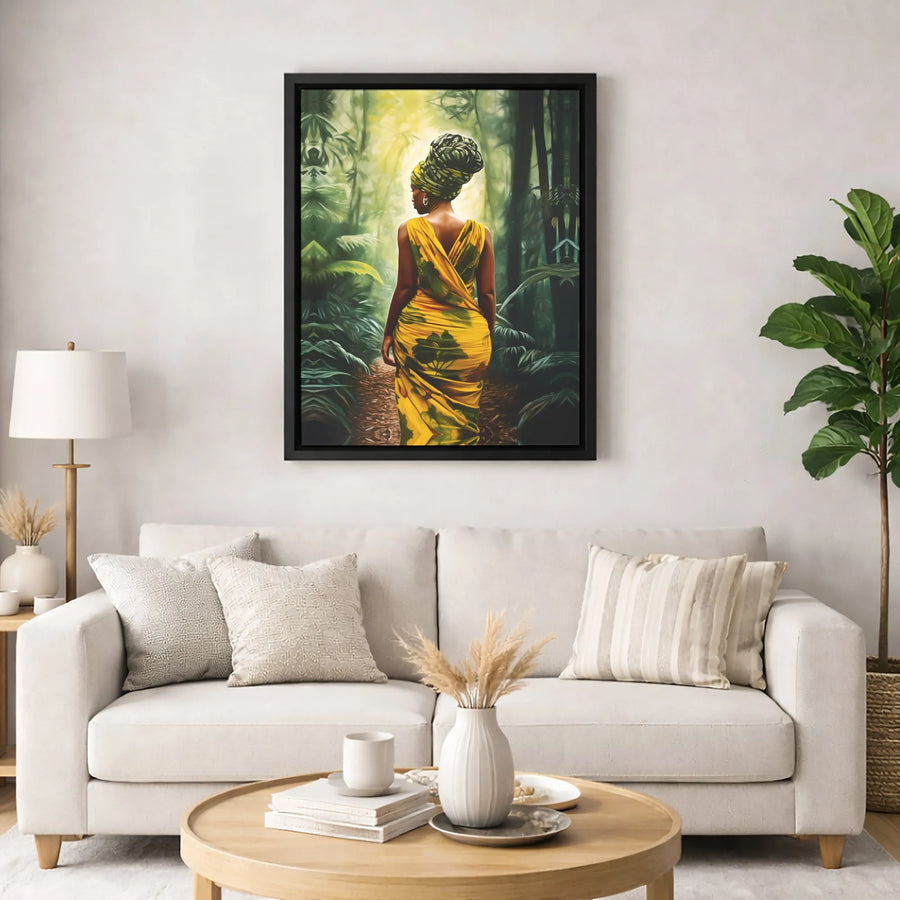 African Woman Wall Art | Jungle Forest Portrait in Yellow Dress | Premium Gallery Wrap Canvas | Cultural Home Decor Gift for Her