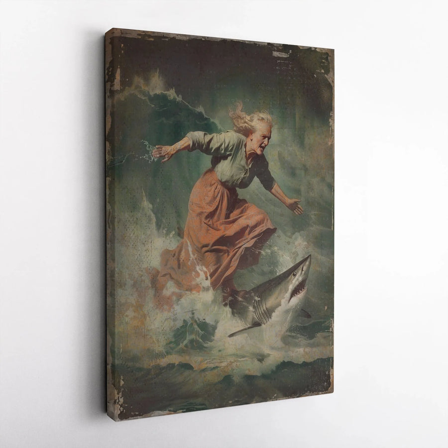 Surfing Grandmother Shark Canvas Print | Surreal Vintage Oil Painting Wall Art | Premium 1.25-Inch Gallery Wrap | Funny Granny Gift for Home Decor