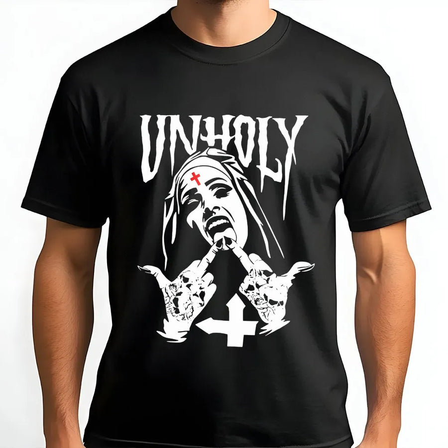 Unholy Nun Graphic T-Shirt | Edgy Goth Streetwear Artwork | Premium Cotton Blend | Gift for Alternative Fashion Lovers