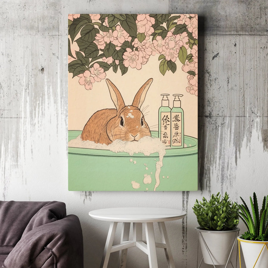 Rabbit Bubble Bath Canvas Art | Ukiyo-e Cherry Blossom Japanese Style Wall Decor | Premium Gallery Wrap Print | Whimsical Animal Lover Gift