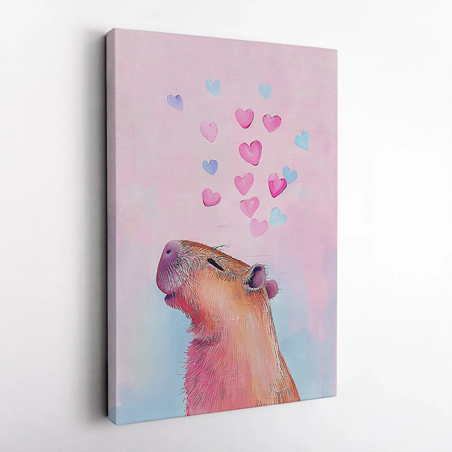 Capybara Canvas Wall Art | Cute Watercolor Animal with Hearts | Premium Gallery Wrap Print | Nursery Decor Gift for Kids Room