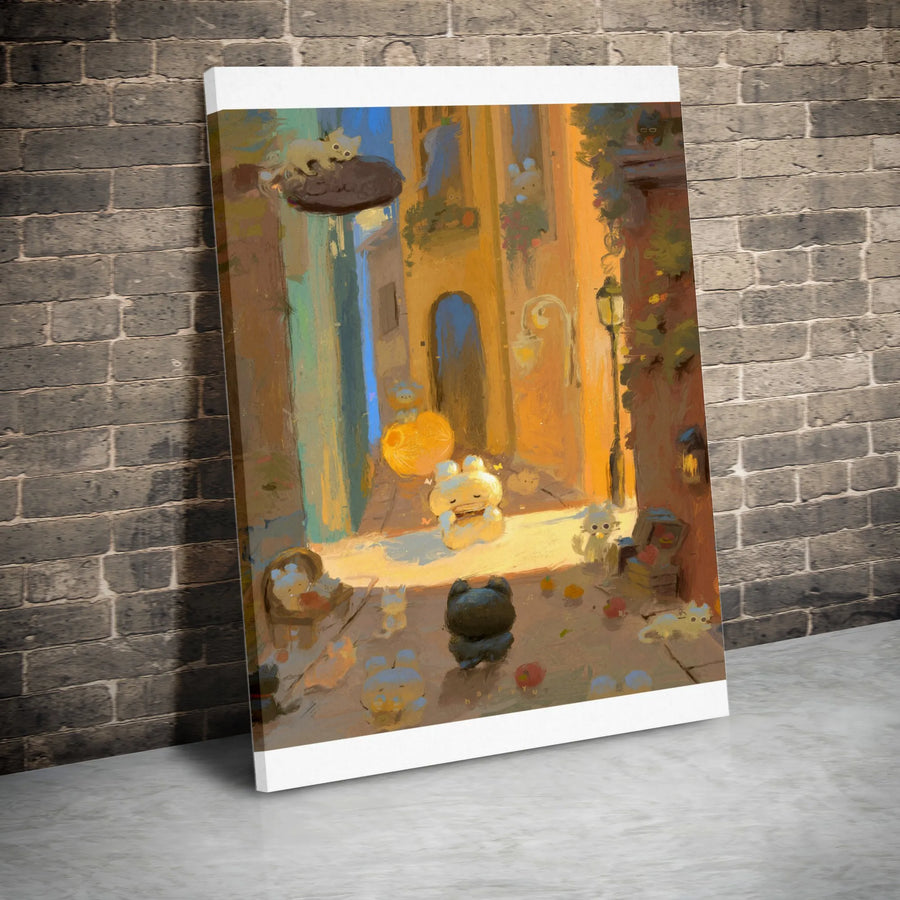 Whimsical Cat City Canvas Print | Painterly Cartoon Kitten Village Scene | Premium Fade-Resistant Canvas | Nursery Wall Decor Gift for Cat Lover