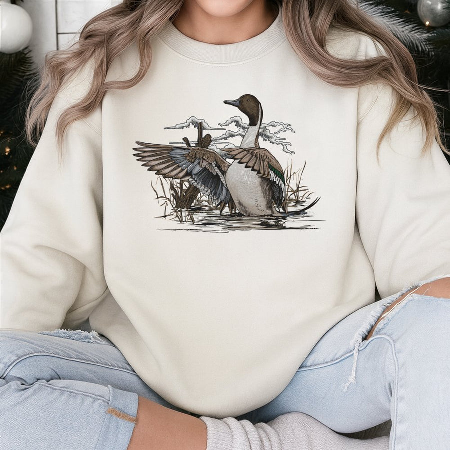 Pintail Duck Sweatshirt | Waterfowl Hunting Marsh Scene Graphic | Premium Cotton Blend | Nature Lover Wildlife Outdoor Gift for Him