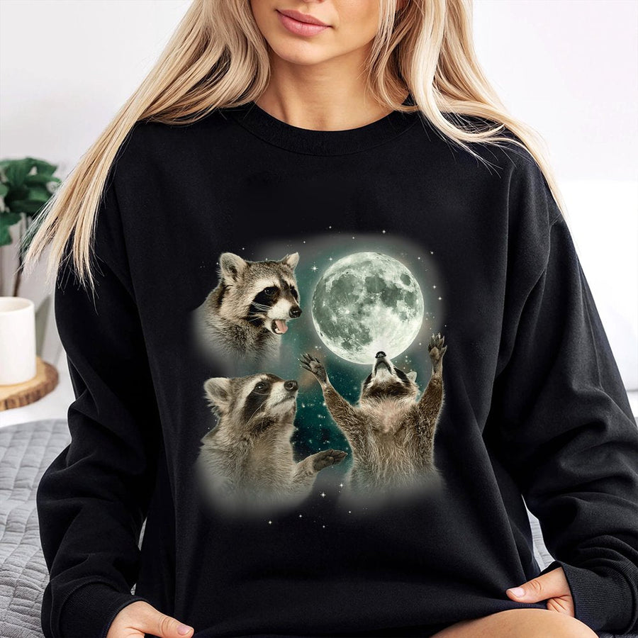 Raccoon Moon Sweatshirt | Funny Celestial Animal Graphic | Cotton Blend Premium Crewneck | Unique Wildlife Lover Gift For Men And Women