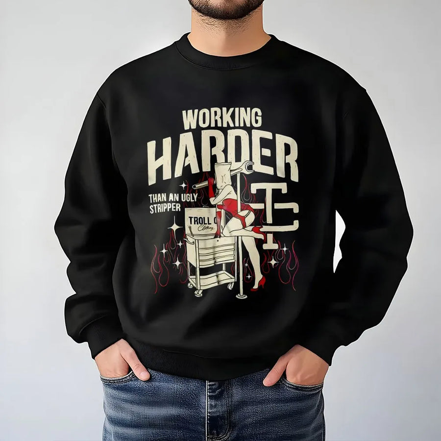 Funny Mechanic Sweatshirt | Retro 'Working Harder' Graphic | Premium Cotton Blend | Gift for Mechanics & Blue Collar Workers