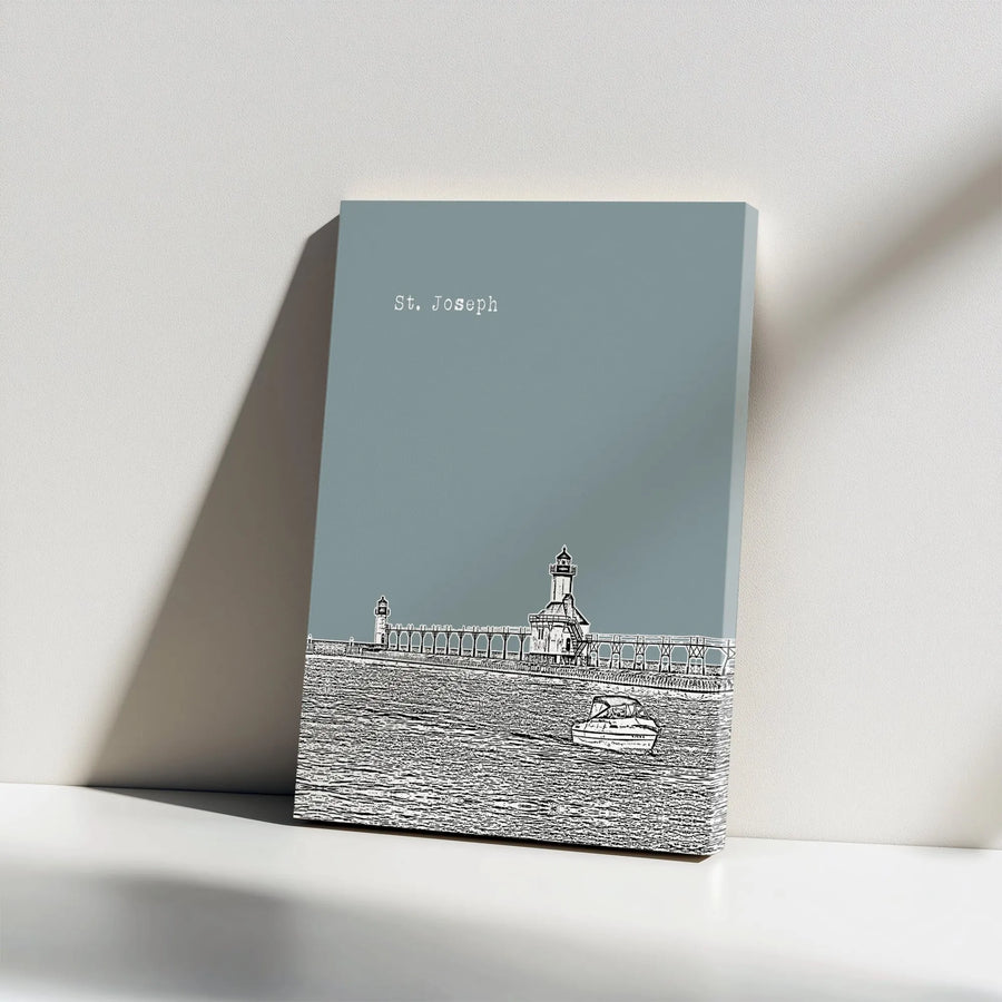St. Joseph Michigan Canvas Wall Art | Minimalist Lighthouse Sketch | Premium Gallery Wrapped Canvas | Great Lakes Home Decor Gift
