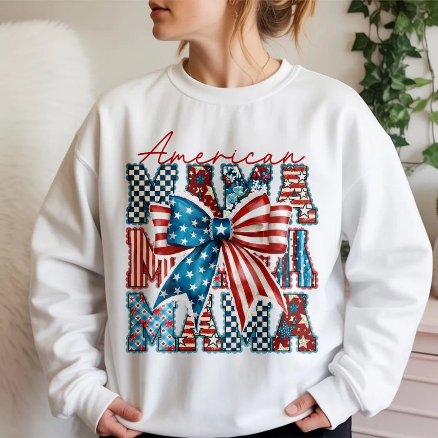 American Mama Sweatshirt | Red White Blue Coquette Bow Graphic | Soft Cotton Blend | 4th of July Gift for Mom