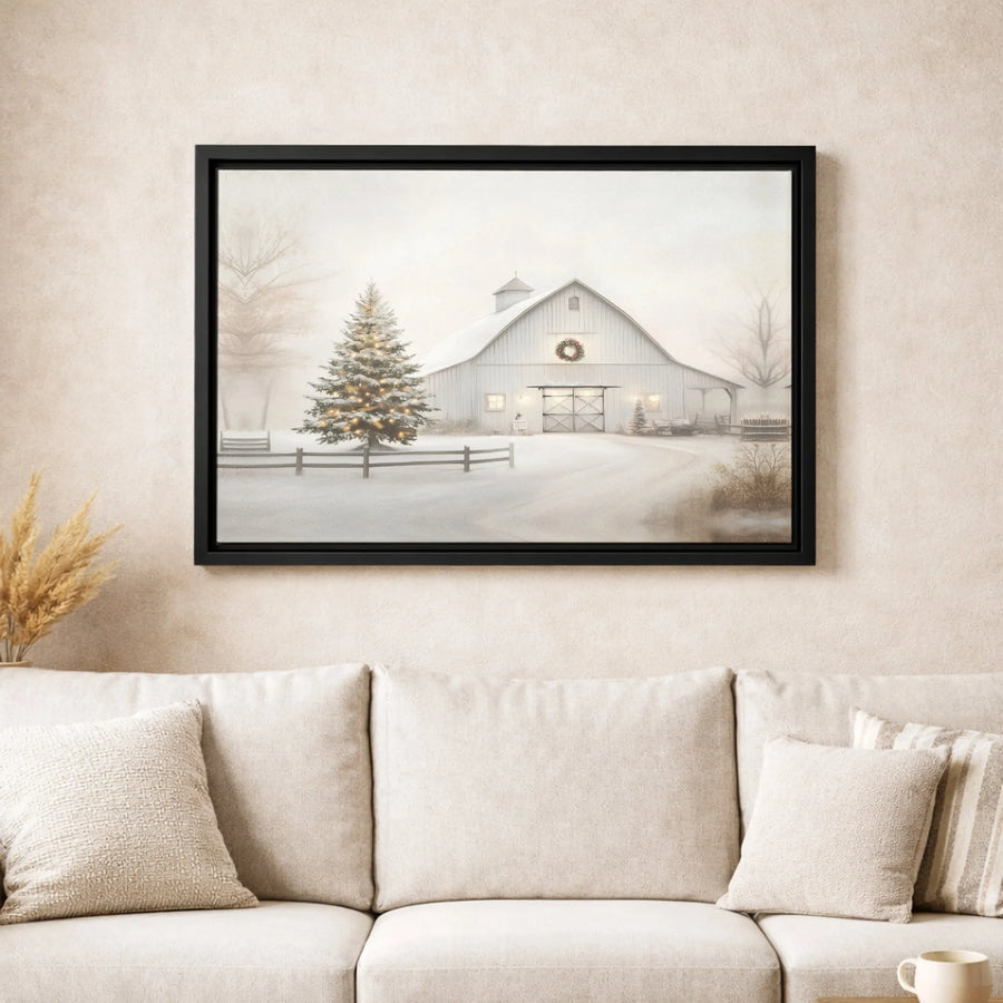 Winter Farmhouse Canvas Print | Snowy Barn Christmas Tree Scene | Gallery Wrap Premium Wall Art | Farmhouse Holiday Home Decor Gift