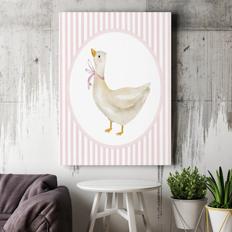 Watercolor Goose Wall Art | Cute Pink Bow Striped Canvas Print | Premium Gallery-Wrapped Decor | Nursery & Farmhouse Wall Art