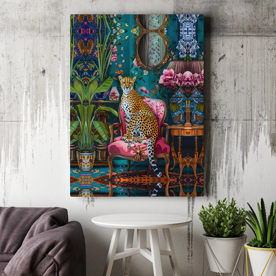 Cheetah Wall Art Canvas | Maximalist Botanical Jungle Home Decor | Premium Gallery Wrap Print | Whimsical Animal Portrait Gift
