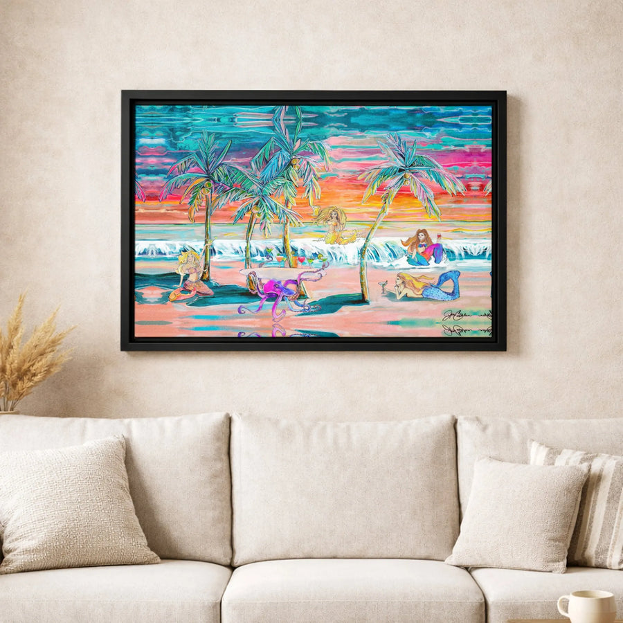 Mermaid Beach Party Canvas Print | Octopus Bartender Sunset Coastal Wall Art | Gallery Quality 1.25 Inch Thick Wrap | Tropical Home Decor Gift