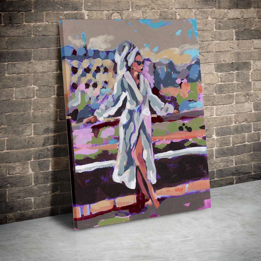 Woman In Bathrobe Canvas Art | Modern Colorful Fashion Wall Decor | Premium Gallery-Wrapped Print | Chic Bedroom & Dressing Room Gift Idea