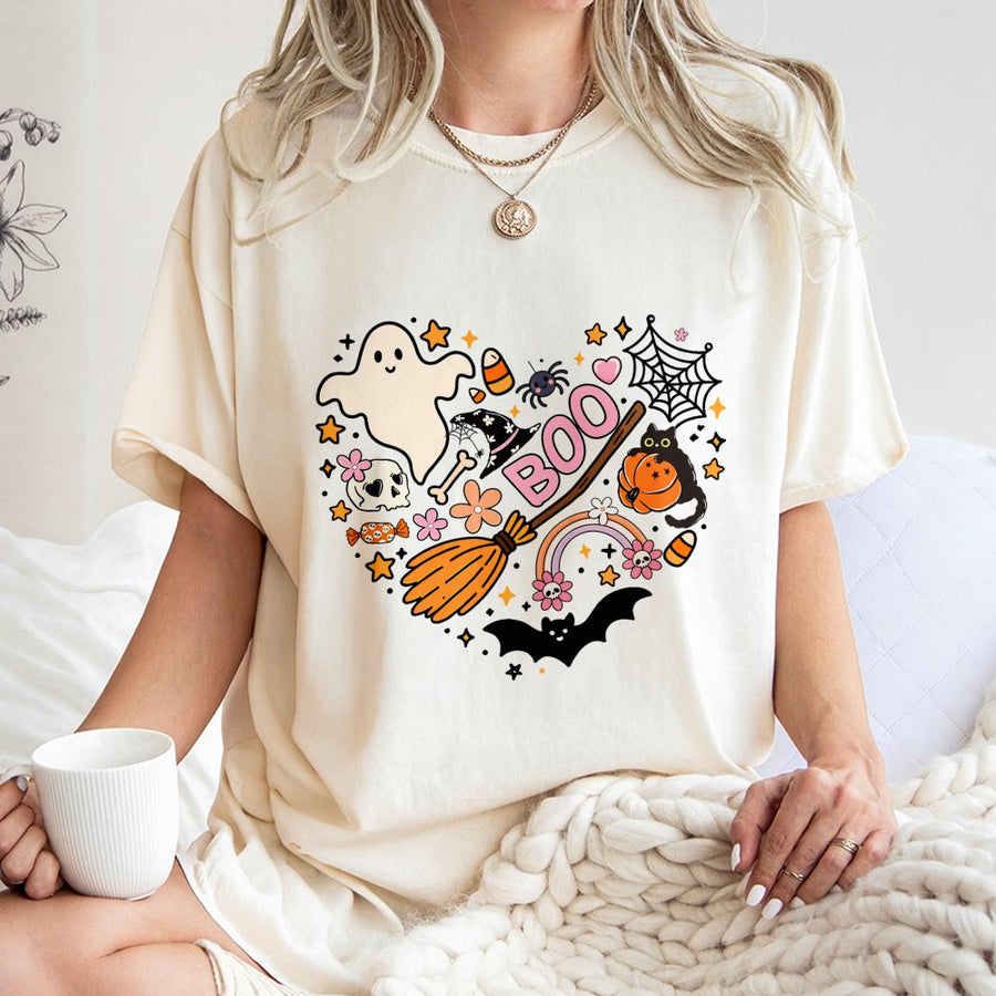 Halloween Heart Graphic T-Shirt | Spooky Ghost and Witch Hat Print | 100% Cotton Premium Tee | Cute Fall Festival Gift for Women and Girls