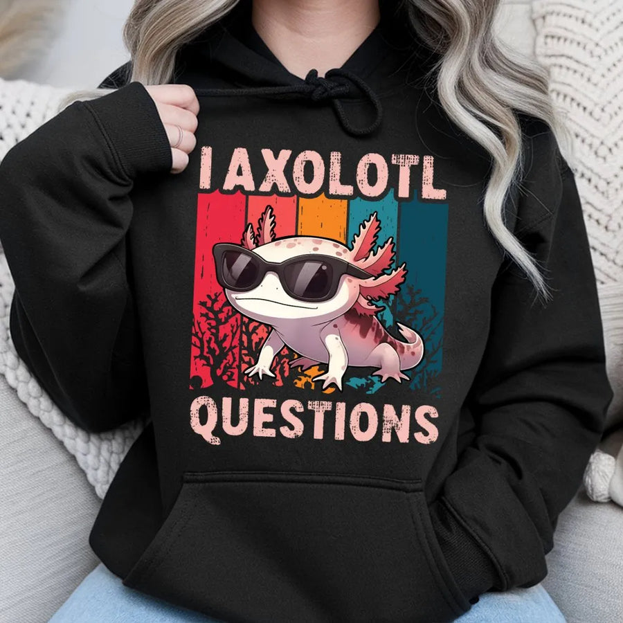 I Axolotl Questions Hoodie | Retro Graphic Sunglasses Design | Soft Cotton Blend Unisex Pullover | Funny Animal Pun Gift for Students & Teachers
