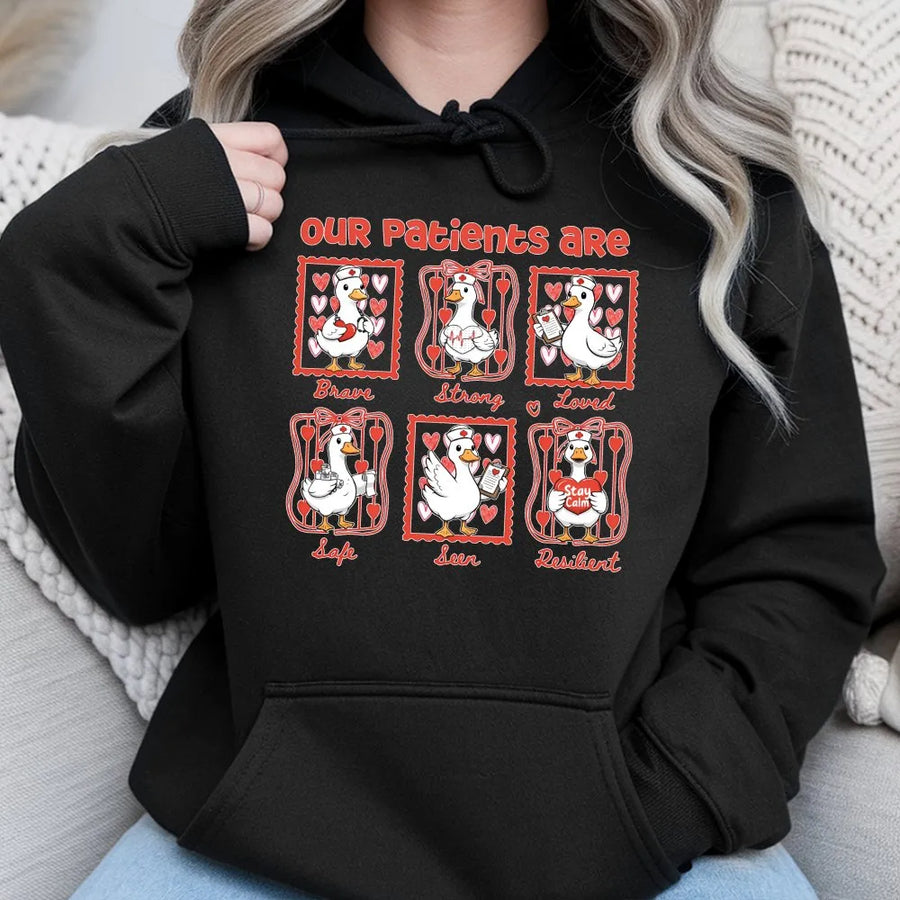 Nurse Duck Hoodie | Our Patients Are Brave Strong Loved Pullover | Premium Cotton Blend Jumper | Healthcare Appreciation Gift for Nurse or Doctor