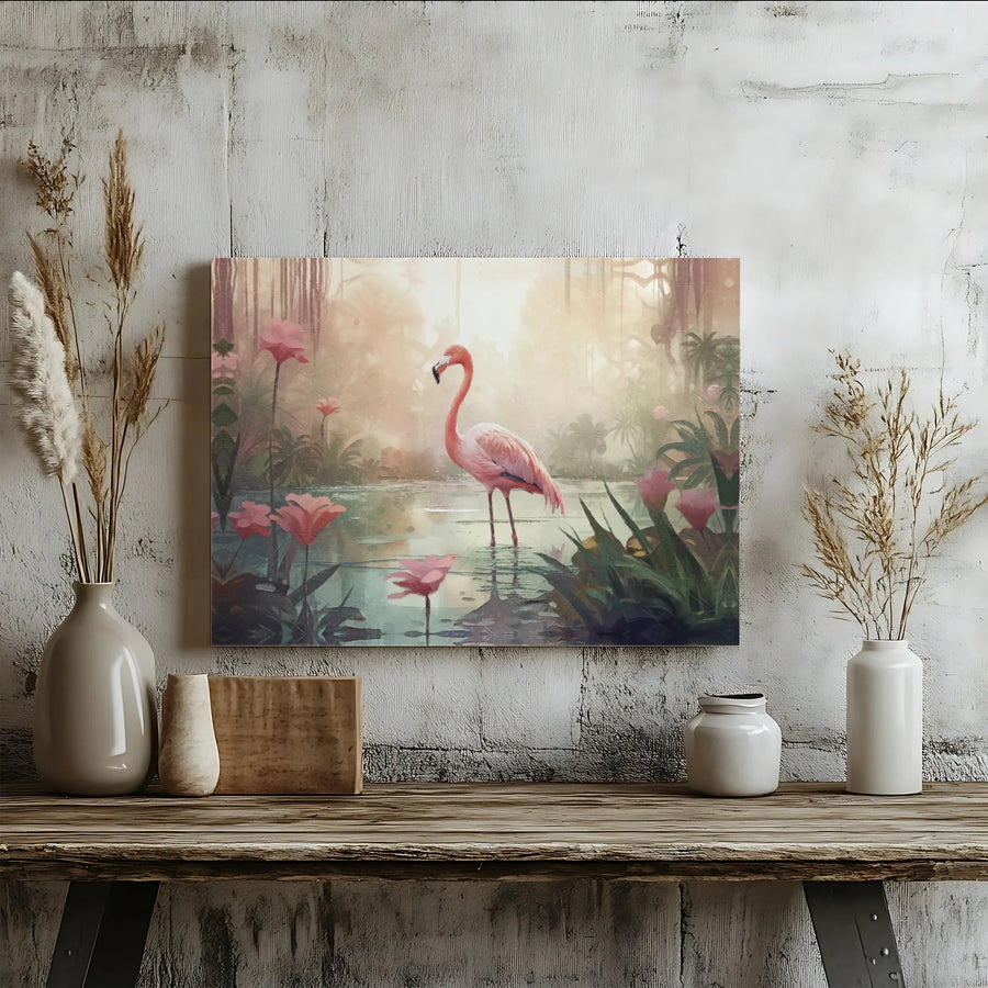 Pink Flamingo Wall Art | Tropical Jungle Marsh Landscape | Premium Gallery Wrapped Canvas | Coastal Boho Home Decor Gift