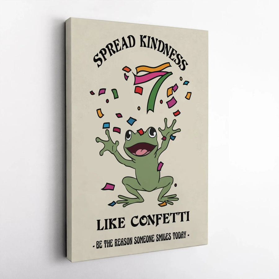 Inspirational Frog Vertical Canvas | Spread Kindness Like Confetti Quote | Premium Gallery Print | Positive Classroom & Kids Room Decor Gift