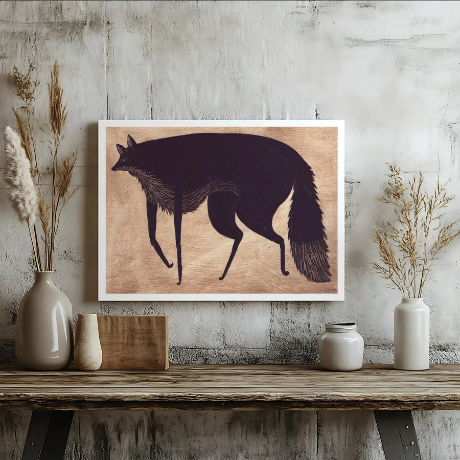 Black Fox Canvas Wall Art | Woodcut Style Woodland Animal Illustration | Premium Gallery Wrapped Print | Modern Minimalist Home Decor Gift