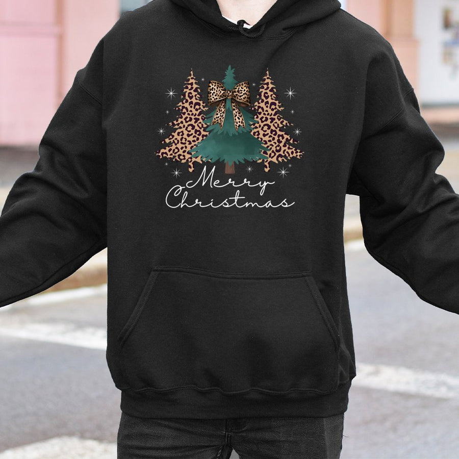 Leopard Print Christmas Tree Hoodie | Coquette Bow Holiday Graphic | Soft Cotton Blend Sweatshirt | Cute Xmas Gift For Her Women