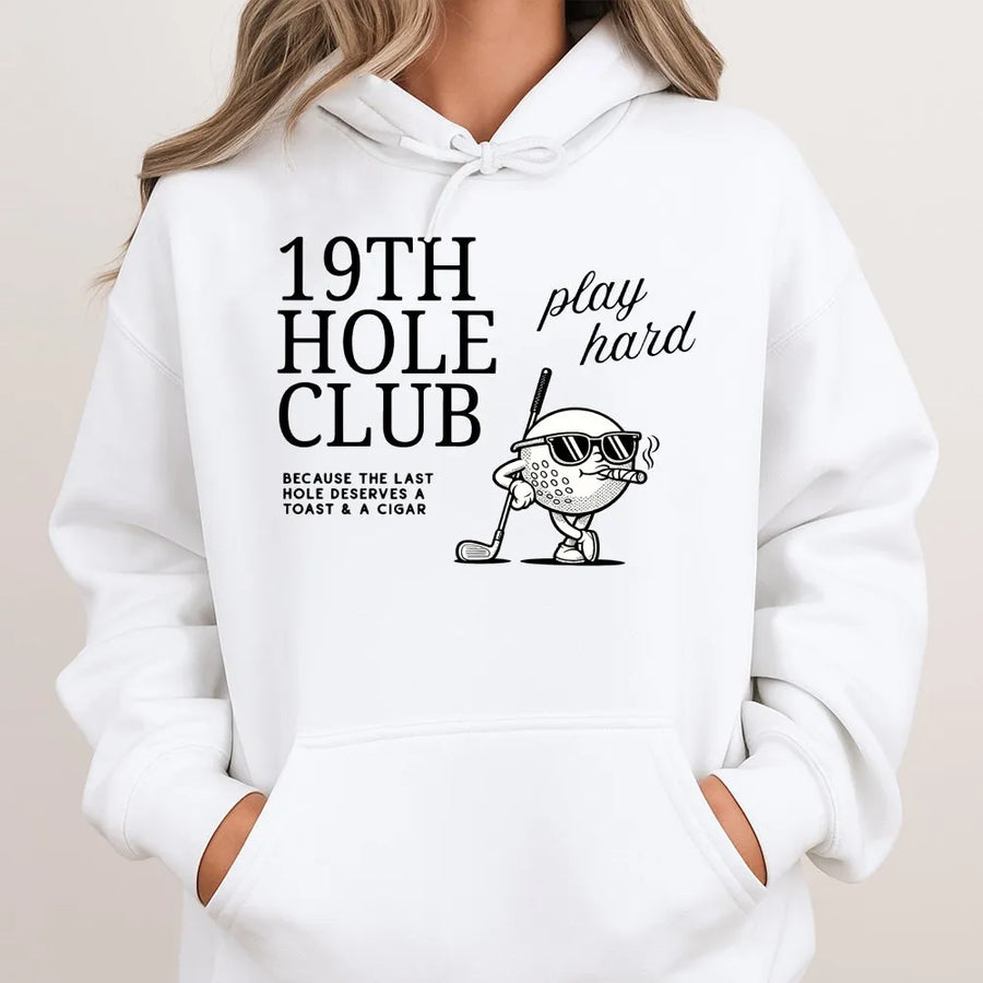 19th Hole Club Golf Hoodie | Funny Golfing Graphic with Cigar | Soft Cotton Blend Pullover | Premium Gift for Golfer