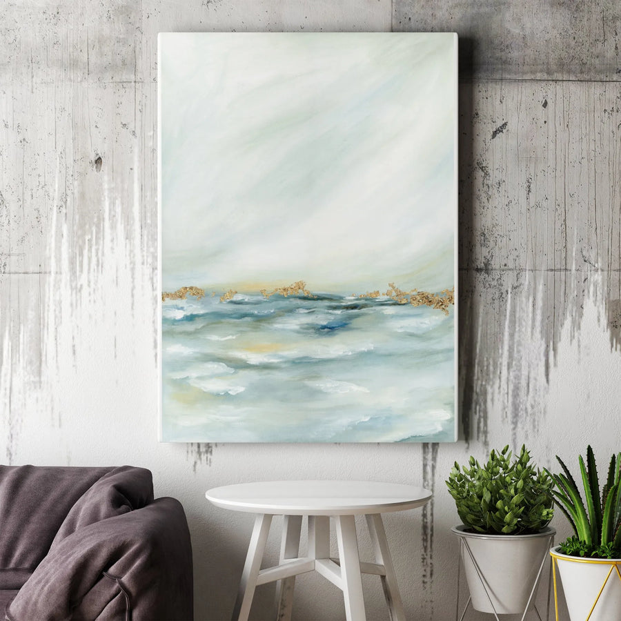 Abstract Seascape Canvas Wall Art | Minimalist Ocean Painting with Gold Accent | Premium 1.25" Thick Gallery Wrap | Contemporary Home Decor Gift