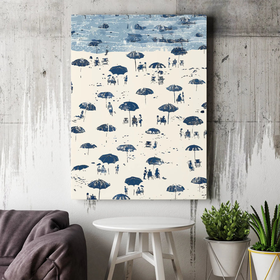 Coastal Beach Scene Canvas | Blue and White Umbrella Art | Premium Gallery Wrapped Print | Modern Nautical Decor for Living Room or Office