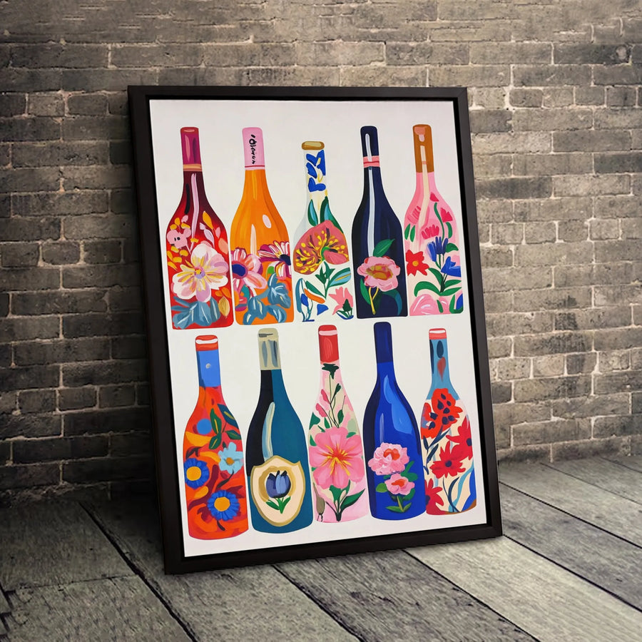 Floral Wine Bottle Wall Art | Colorful Botanical Print | Premium Gallery-Wrapped Canvas | Kitchen Decor Gift for Wine Lovers