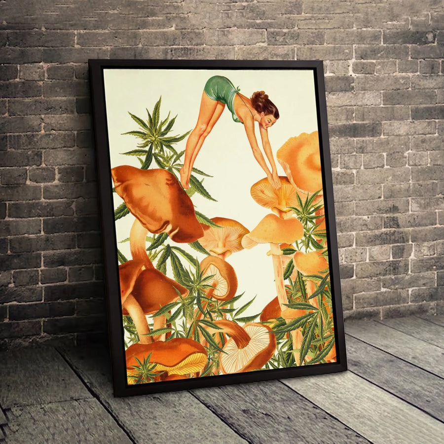 Vintage Pin Up Girl Canvas | Retro Mushroom and Marijuana Aesthetic Art | Premium 1.25 Inch Thick Gallery Wrap | Unique Boho Wall Decor for Home
