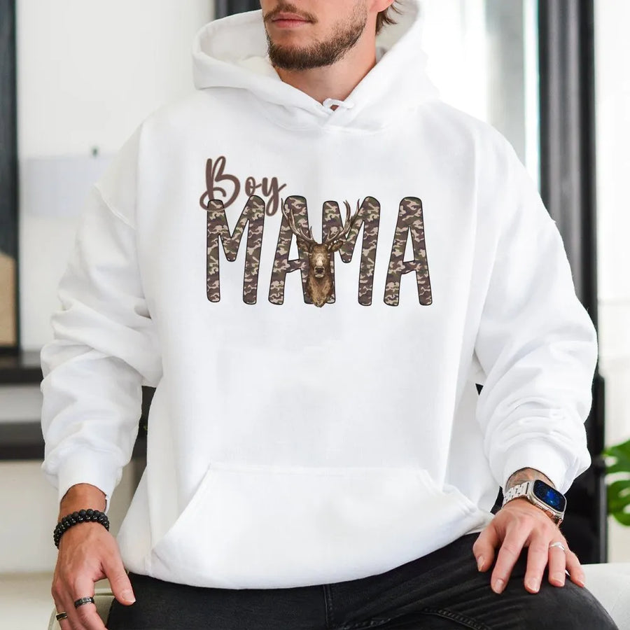 Boy Mama Camo Hoodie | Rustic Deer Antler Graphic Print | Premium Cotton-Blend | Trendy Gift for Country Moms and Outdoor Enthusiasts