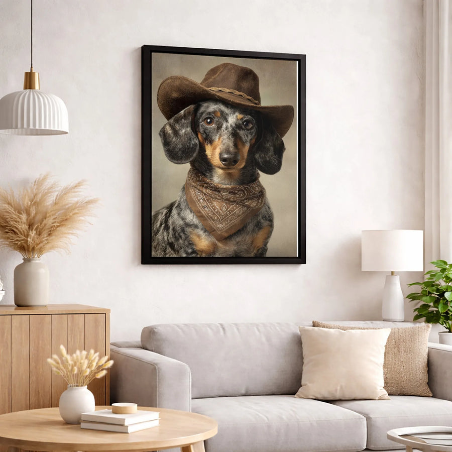 Dachshund Wall Art Canvas | Cowboy Dog Portrait with Hat and Bandana | Gallery Quality Wrapped Print | Rustic Western Pet Lover Gift