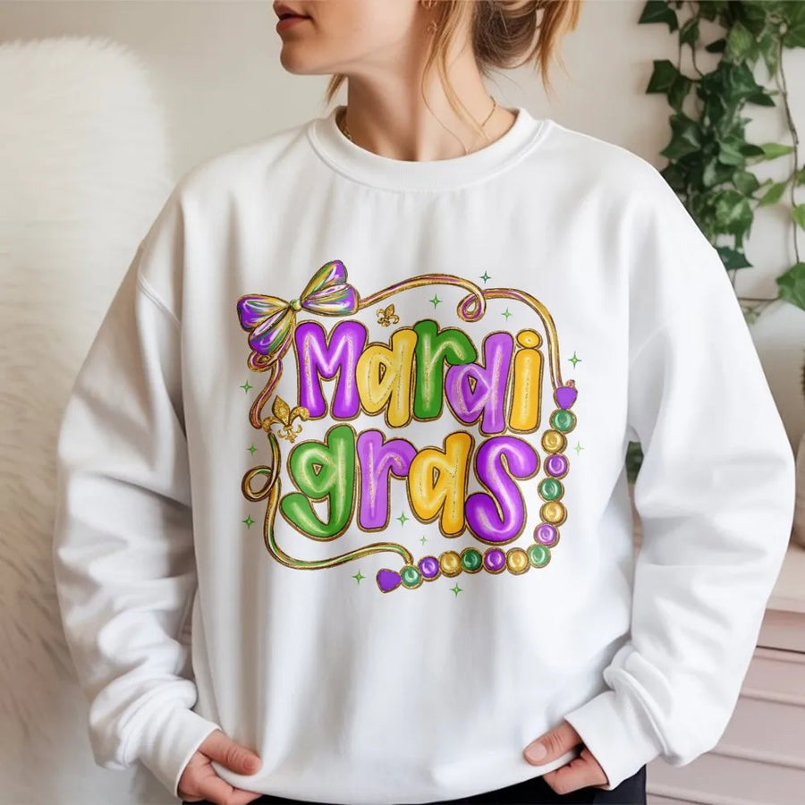 Mardi Gras Sweatshirt | Colorful Beads And Bow Graphic | Premium Cotton Blend | New Orleans Parade Party Gift For Women And Men