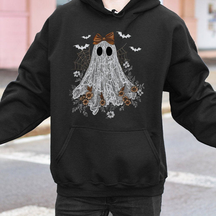 Lace Ghost Hoodie | Spooky Cute Aesthetic Halloween Design | Premium Cotton-Blend Pullover | Aesthetic Gift for Her & Spooky Season Lovers