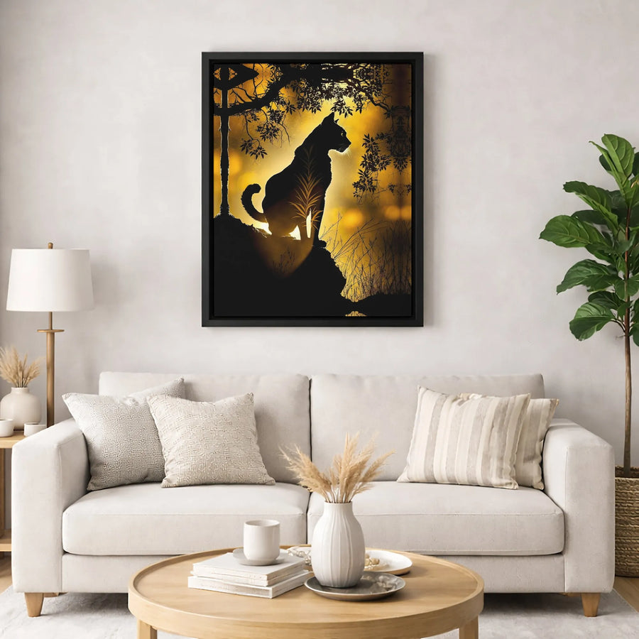 Black Cat Silhouette Canvas Print | Golden Sunset Forest Wall Art | 1.25 Inch Premium Gallery Wrap | Modern Nature Decor Gift for Cat Lovers