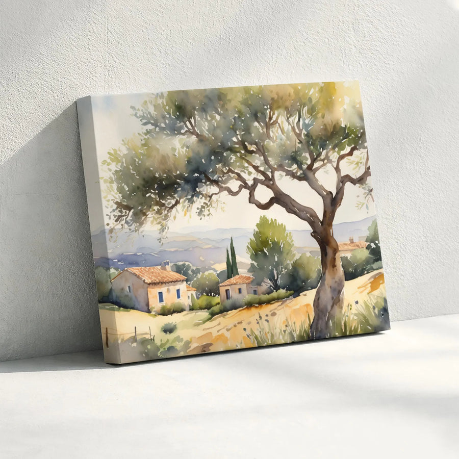 Tuscan Landscape Canvas Print | Watercolor Olive Tree Painting | Premium Gallery Wrapped Wall Art | Farmhouse Living Room Decor