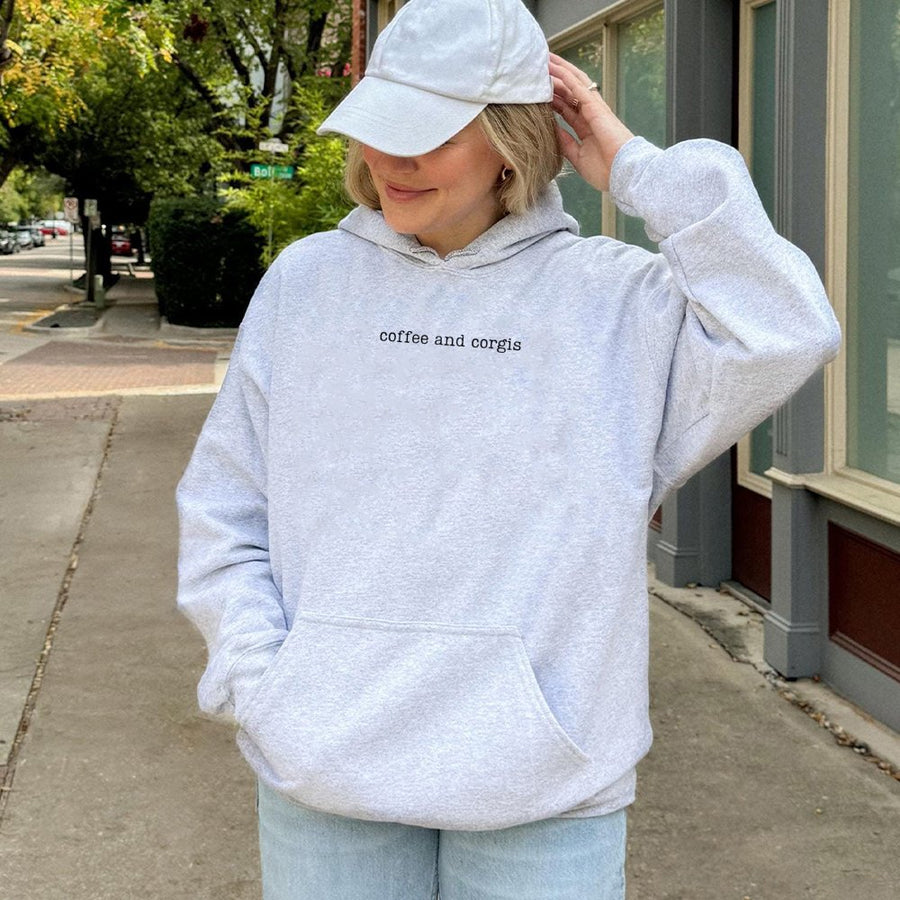 Coffee And Corgis Hoodie | Minimalist Text Design | Premium Cotton-Poly Blend | Cute Dog Mom Gift For Corgi Lovers