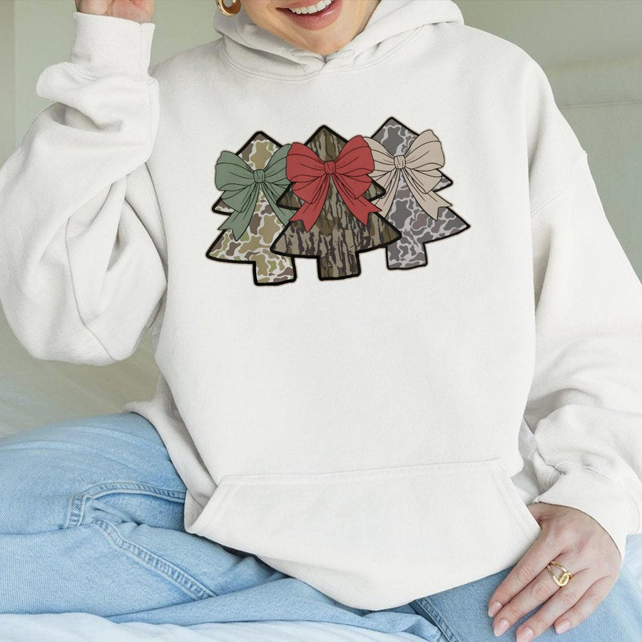 Camo Christmas Tree Hoodie | Coquette Bow Holiday Graphic | Soft Cotton-Polyester Blend | Trendy Hunter Gift for Women & Men