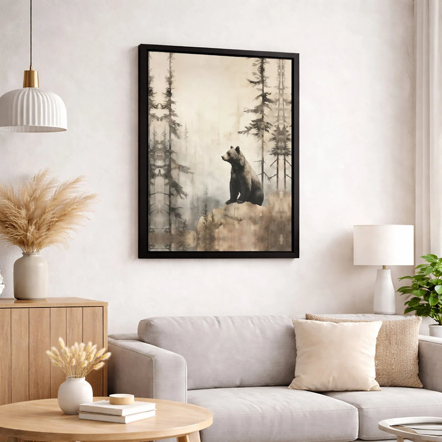 Misty Forest Bear Canvas Wall Art | Moody Wildlife Wilderness Print | Gallery-Quality Premium Decor | Nature Lover Gift For Cabin Home