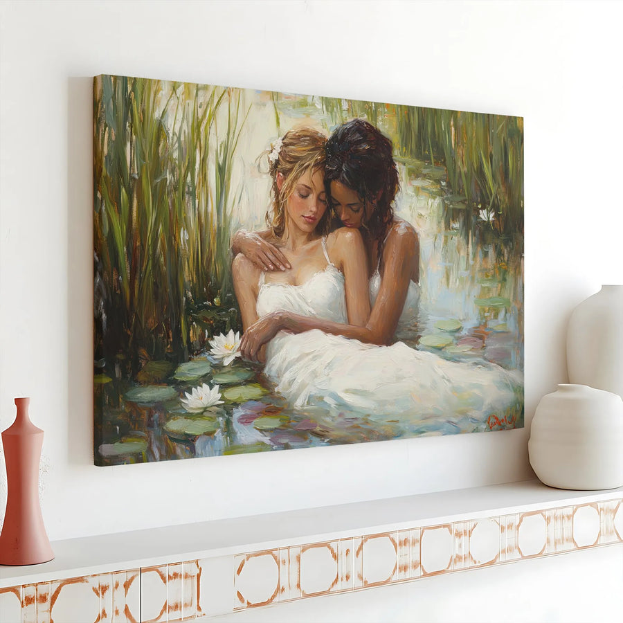 Lesbian Couple Canvas Print | Romantic Lily Pond Oil Painting | Premium 1.25-Inch Gallery Wrap | LGBTQ Pride Art Gift for Home Decor