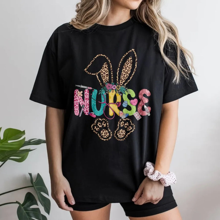 Easter Nurse T-Shirt | Leopard Bunny Ears Stethoscope Design | Premium Cotton Soft Tee | Cute Nursing School Gift for Her