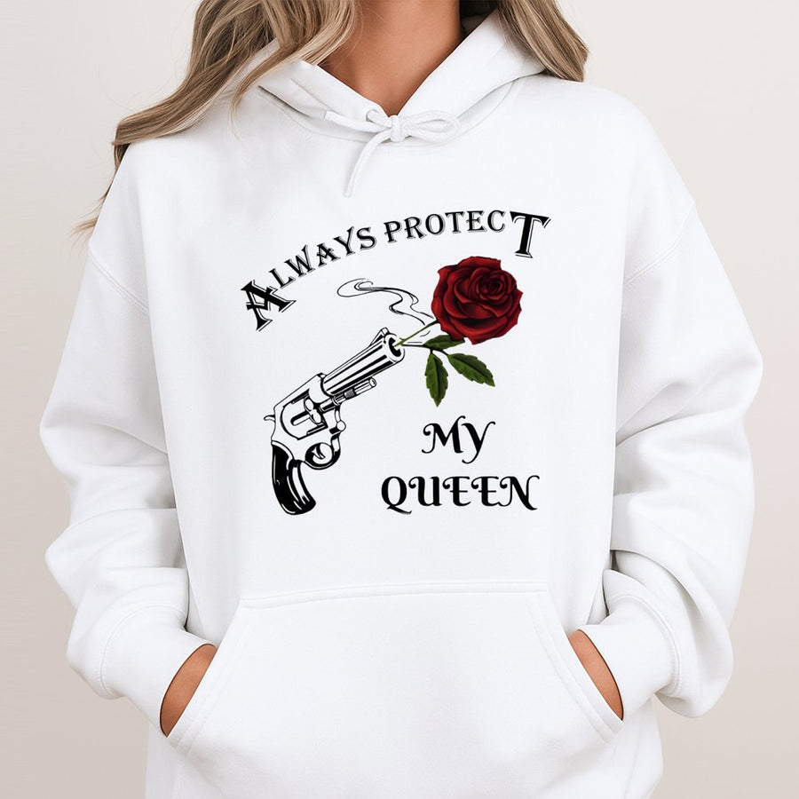 Always Protect My Queen Hoodie | Romantic Gun and Rose Graphic Design | Premium Cotton Blend Unisex Pullover | Anniversary Gift for Couples