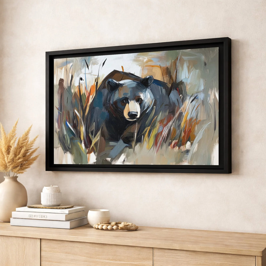 Abstract Black Bear Canvas Wall Art | Rustic Wildlife Forest Painting | Gallery Quality 1.25 Inch Wrap | Premium Nature Gift For Home Decor