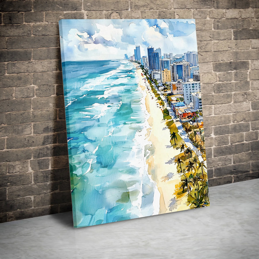 Miami Beach Canvas Wall Art | Watercolor Cityscape Painting | Premium Gallery Wrapped Print | Living Room Decor & Beach House Gift
