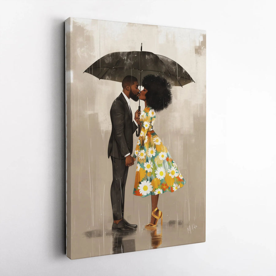 Black Couple Art Canvas | Romantic Kiss in the Rain Print | Premium Gallery Wrapped Canvas | Anniversary Gift for Couples