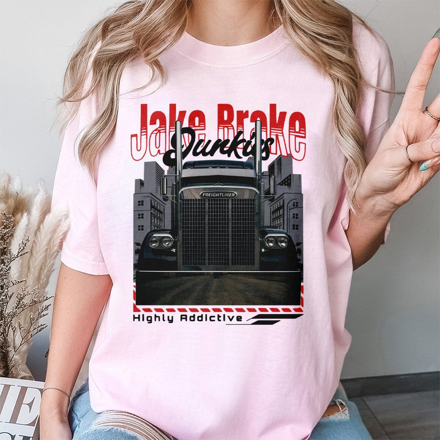 Jake Brake Junkies T-Shirt | Big Rig Semi Truck Graphic Tee | Premium 100% Cotton | Gift for Truck Drivers and Diesel Enthusiasts