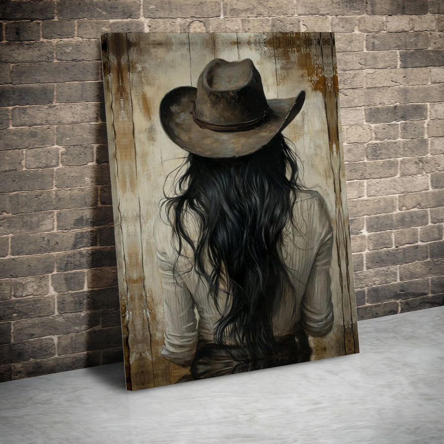 Western Cowgirl Vertical Canvas | Rustic Country Woman in Cowboy Hat Painting | Premium 1.25 Inch Gallery Wrap | Modern Southwest Home Decor Gift