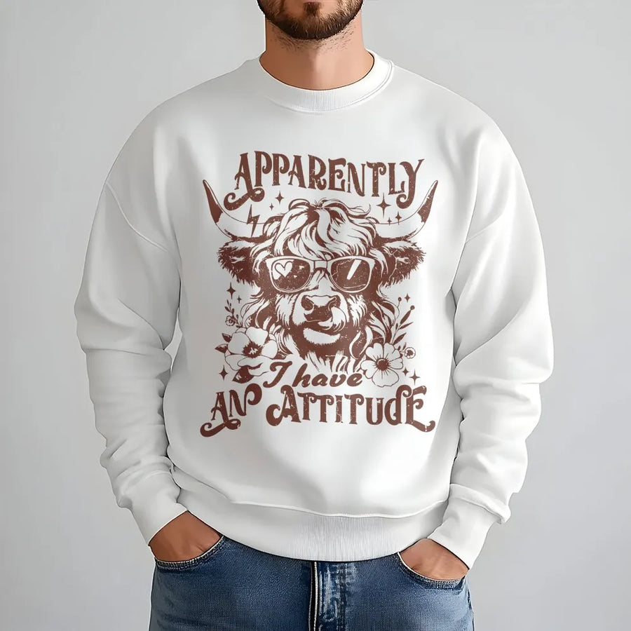 Apparently I Have An Attitude Highland Cow Sweatshirt | Boho Farmhouse Graphic Crewneck | Premium Cotton Blend | Funny Farm Animal Gift For Her